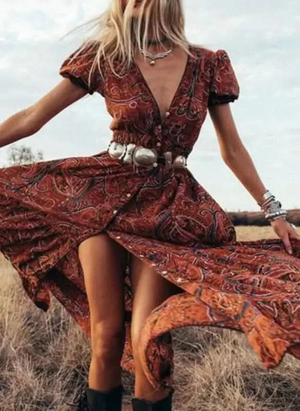 TEELYNN boho long dress Vintage 2023 floral print Chiffon three quarter sleeve v-neck summer Gypsy Hippie women dresses vestidos - M & M Global