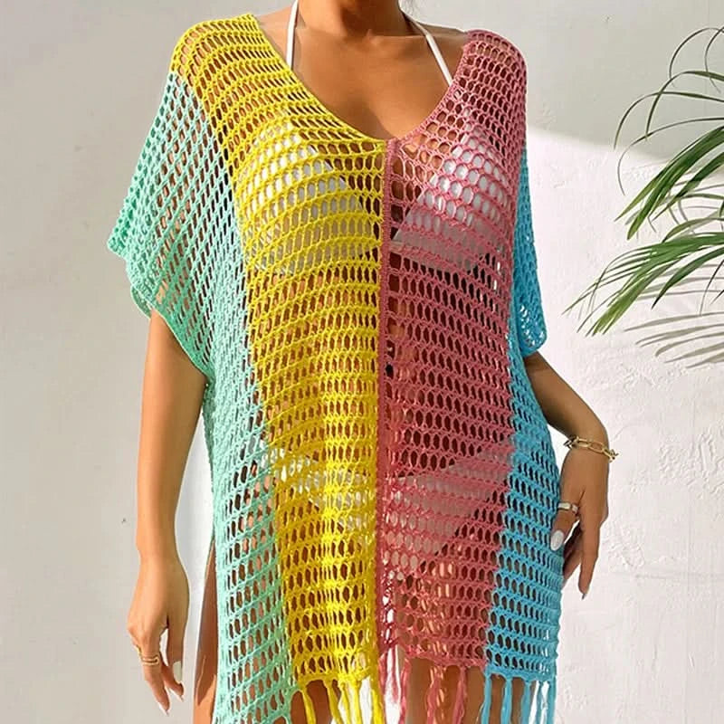 Knitted Contrast Tassel Bikini Summer Beach Cover Up Sexy Hollow Out Women V Neck Loose Beachwear Sunscreen Smock - M & M Global
