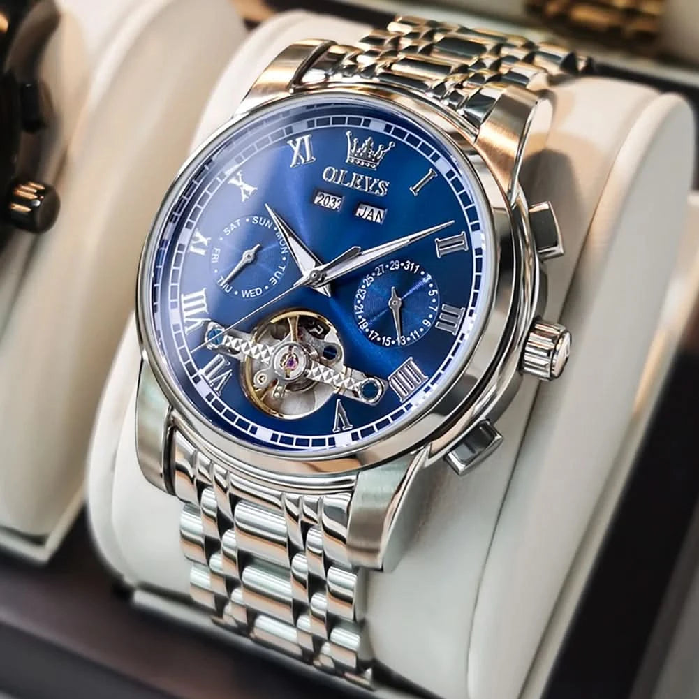 OLEVS Men's Watches Automatic Mechanical Business Wristwatch Waterproof Stainless Steel Strap Watch for Man Skeleton Calendar - M & M Global