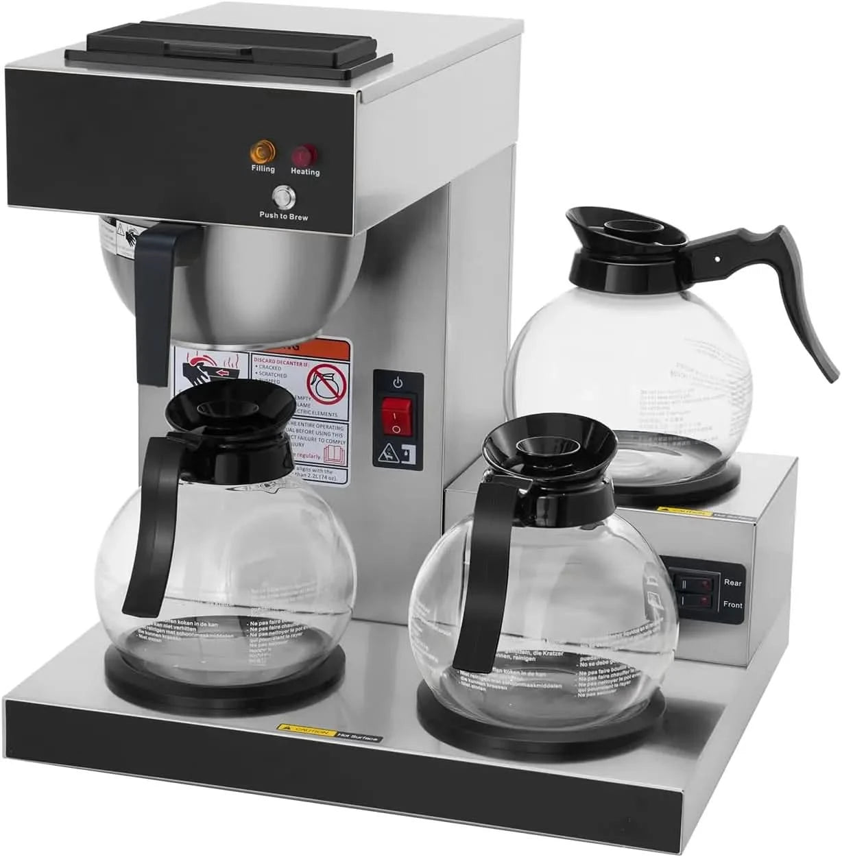 12-Cup Commercial Coffee Maker, Pour Over Drip Coffee Maker Brewer with 3 Lower Warmers and 3 Glass Decanters, Stainless Steel C - M & M Global