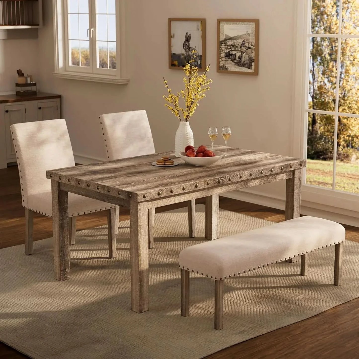 Rustic Dining Table, Farmhouse Kitchen Dining Chairs , Charming 60" Rectangular Wooden Table& Upholstered