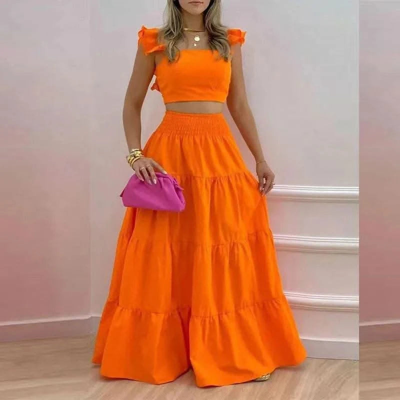 Dress Set Two-piece Women's Clothing Solid Color Sexy Suspender Large Swing Skirt Short Sleeved Square Neck Top Summer Outfits - M & M Global