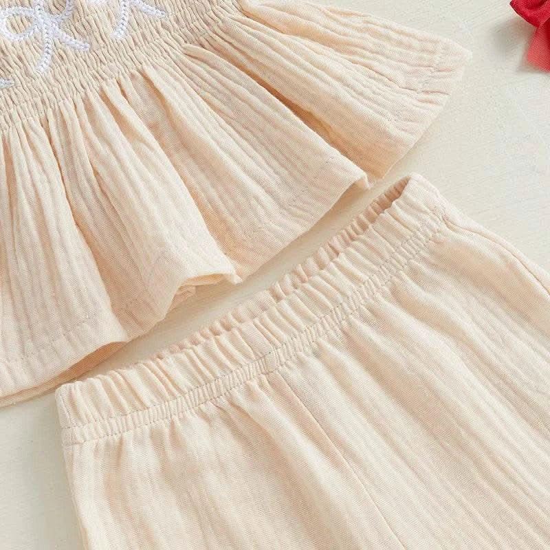 Adorable Toddler Girl Sleeveless Top and Shorts Set with Cute Bow Embroidery Detail - Summer Outfit for Little Princesses - M & M Global