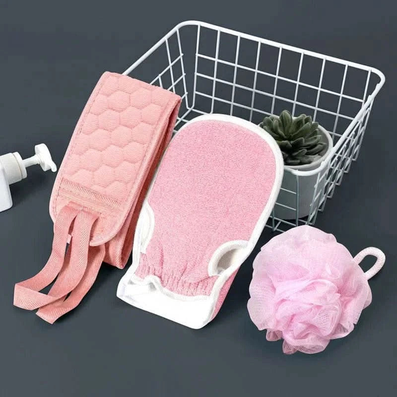 3 PCS Three-piece Bath Set, Rub Bath and Bath Artifact, Household Long Rub Back Towel, Bath Gloves, Bath Flower Set - M & M Global