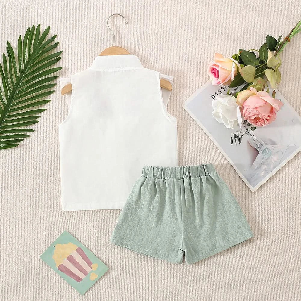 Summer New Girls' Two-Piece Set Lace Flower Embroidery Bow Two-Piece Set Loose Casual Two-Piece Shorts - M & M Global