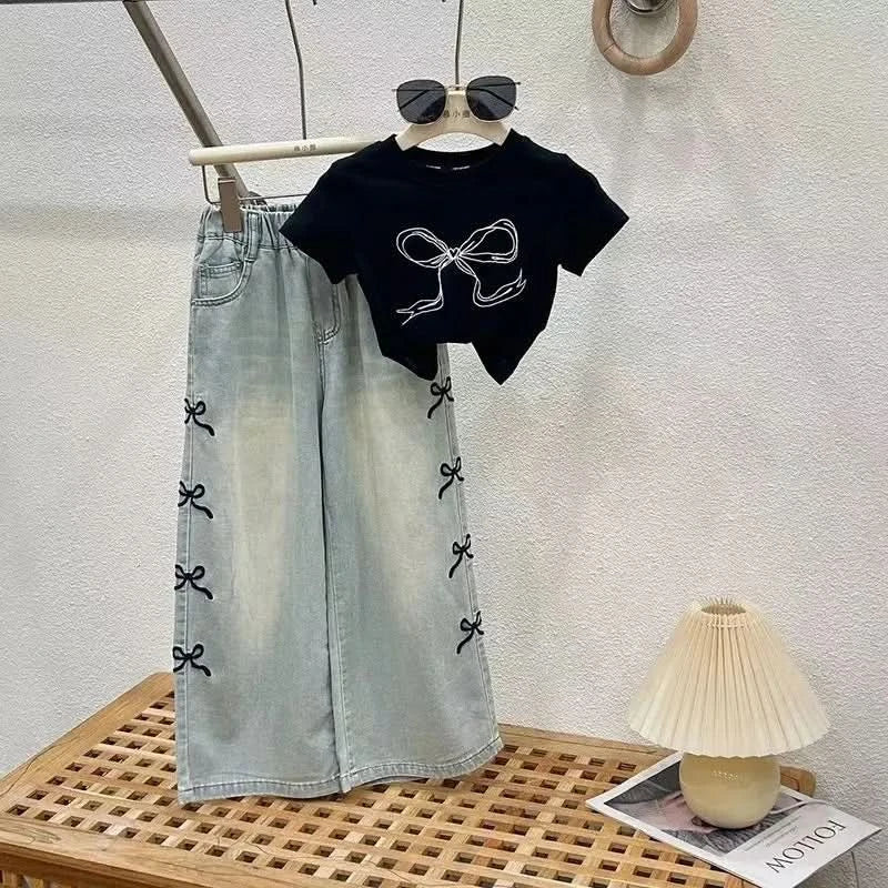 Girls Summer Thin Set Teenage Girls Wide Leg Jeans T-shirt 2-piece Summer Children's Clothing Set - M & M Global