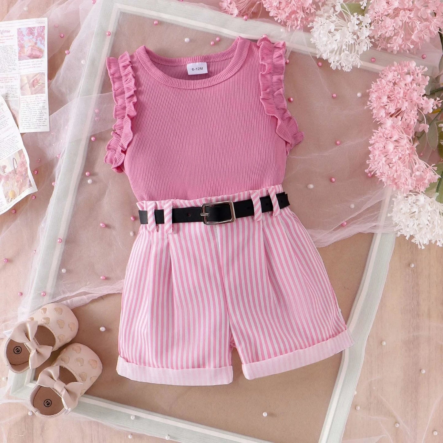 3PCS Summer New Style Comfortable And Fashionable Pink Pit Strip Vest + Shorts Set For Girls Aged 0-3 - M & M Global