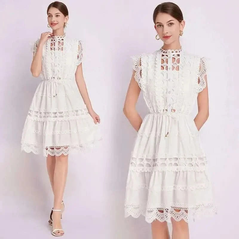 JAMERARY Designer New Summer Holiday White Embroidery Cotton Long Dress Women Sleeveless Midi Prom Evening Dresses Party Robe - M & M Global