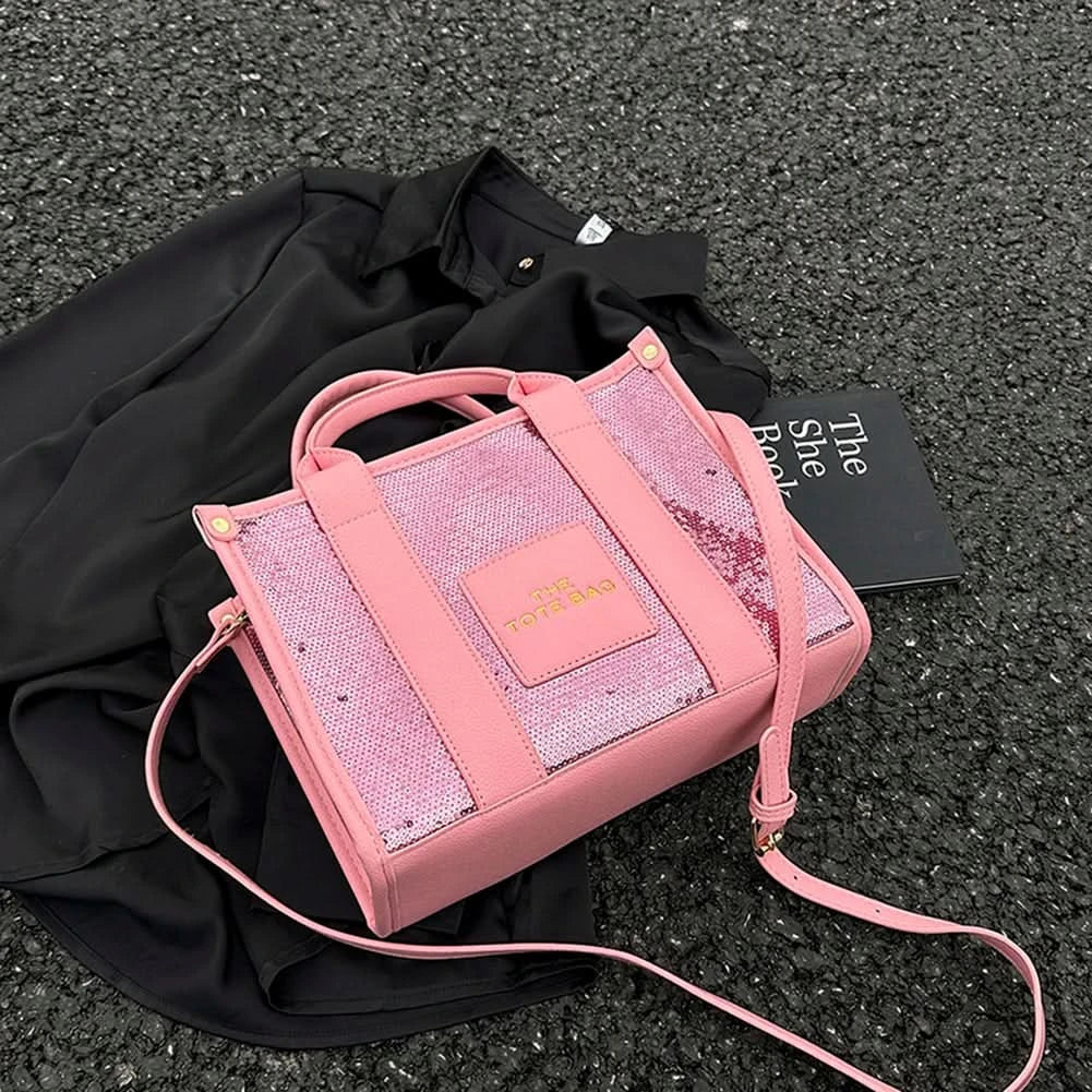 New The Tote Bag Letter Printed Sequins Top-Handle Bag Women Leather Handbag Luxury Designer Glitter Shoulder Crossbody Bag - M & M Global