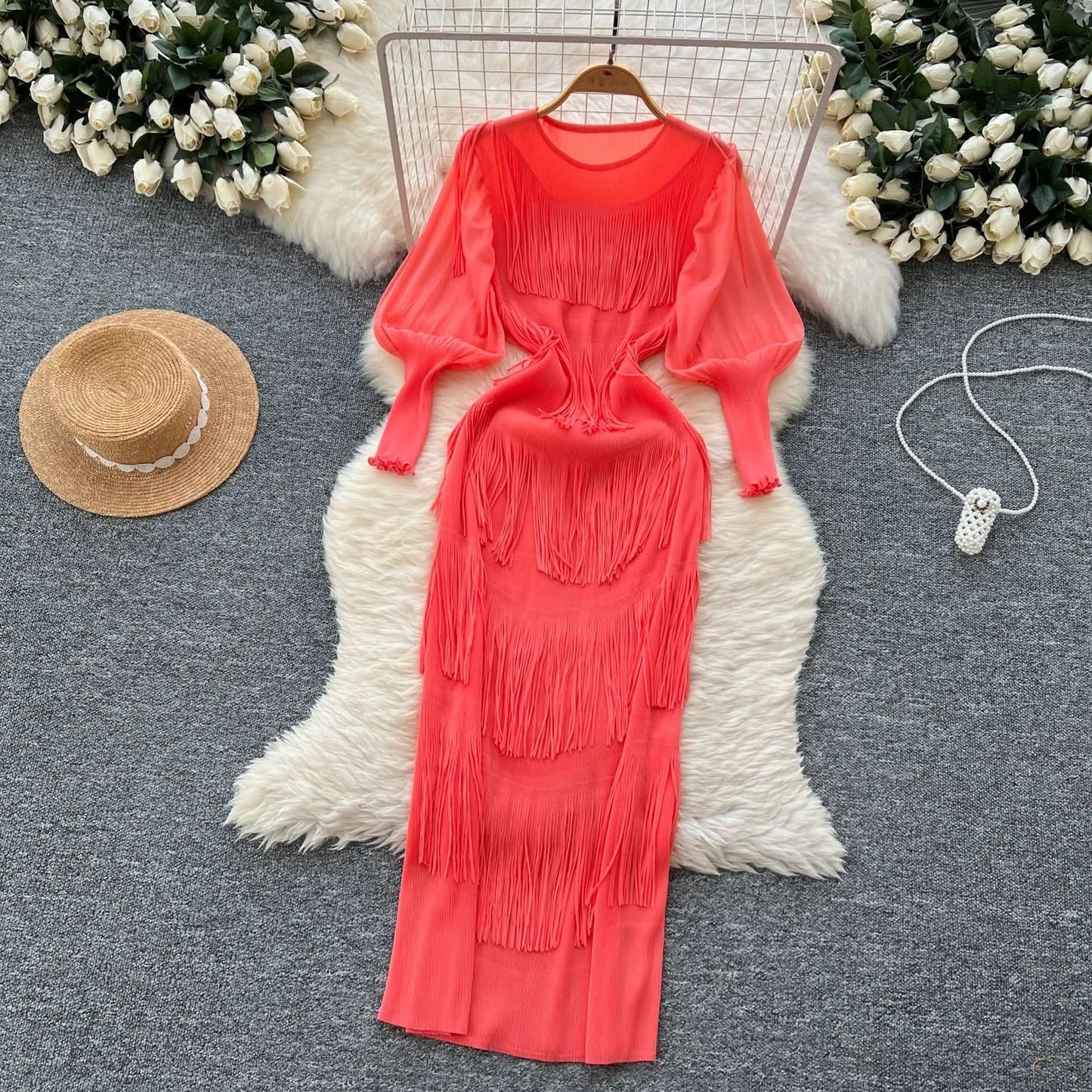 Vintage O-Neck Elegant Long Lantern Sleeve Chic Tassel Slim Long Dress French Fashion Evening High Street Autumn Winter Clothing - M & M Global