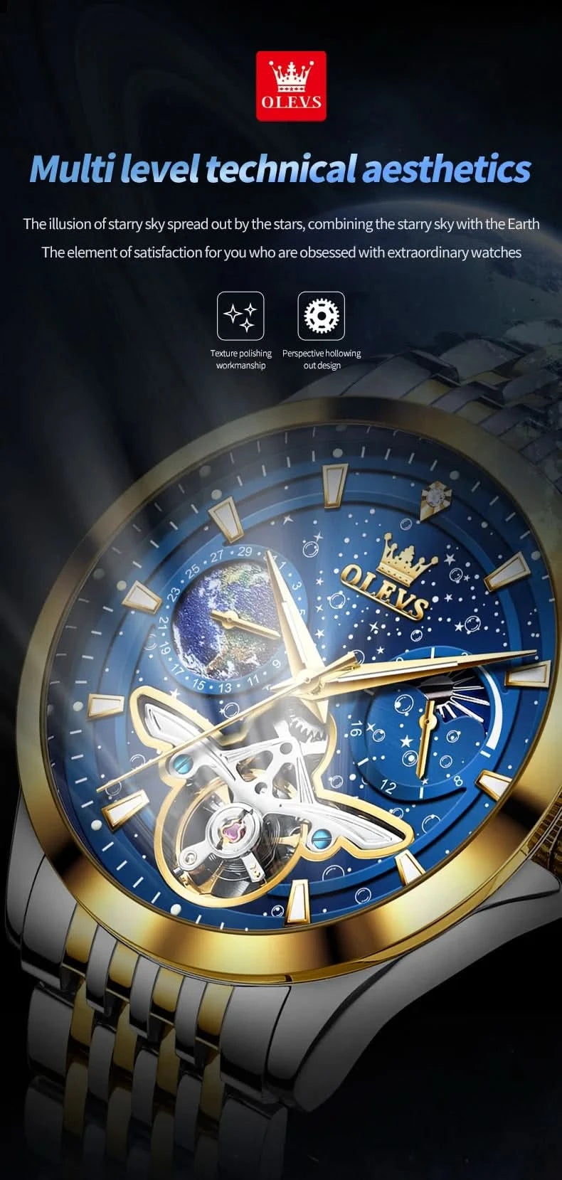 OLEVS Luxury Brand Men's Watches Luminous Waterproof Fully Automatic Mechanical Watch Starry Sky Dial Moon Phase Hollow Out - M & M Global