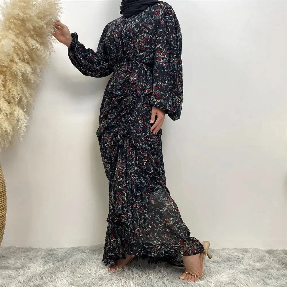 Muslim Women's dress Casual print bark crepe long dress Zipper collar long sleeves loose Muslim maxi dress - M & M Global