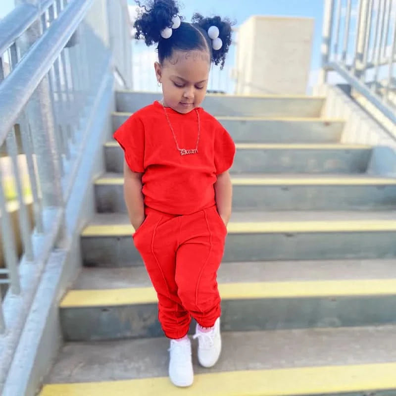 Fashion Kids Little Girls Clothing 2 Pieces Sets Cotton Solid Casual T-shirt+Elastic Waist Pants Young Children Outfits 1-6Y - M & M Global