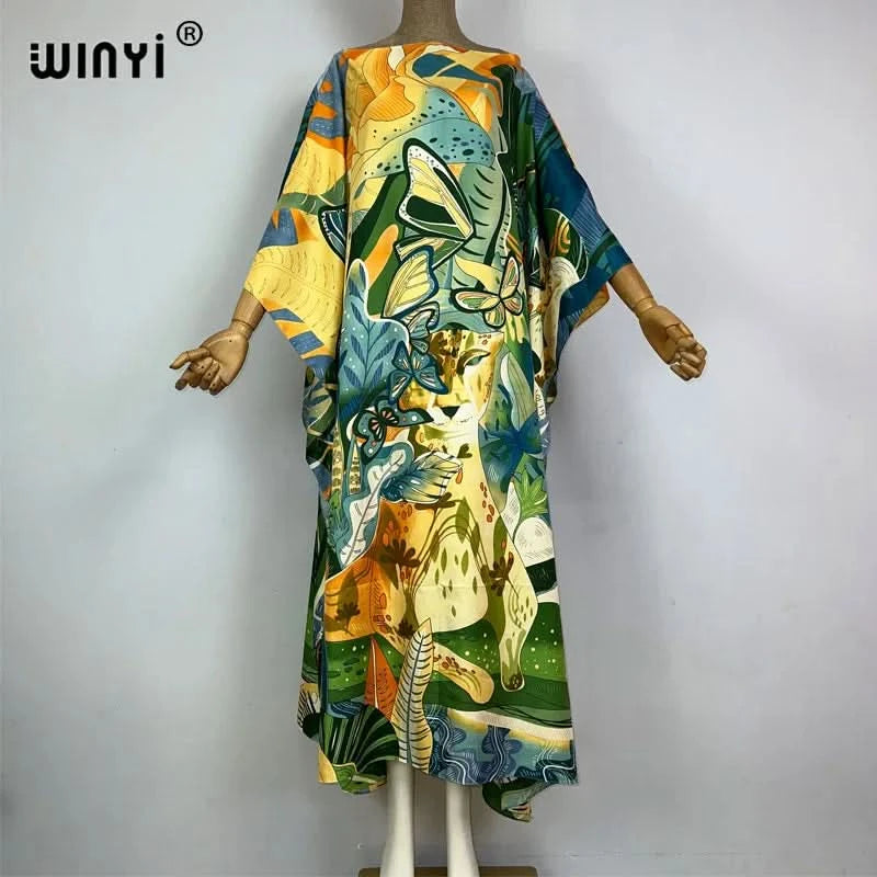 WINYI 2023 new Africa Fashion boho Popular printed twill Kaftan Maxi dress Summer Beach Bohemian Caftan long dress for lady - M & M Global