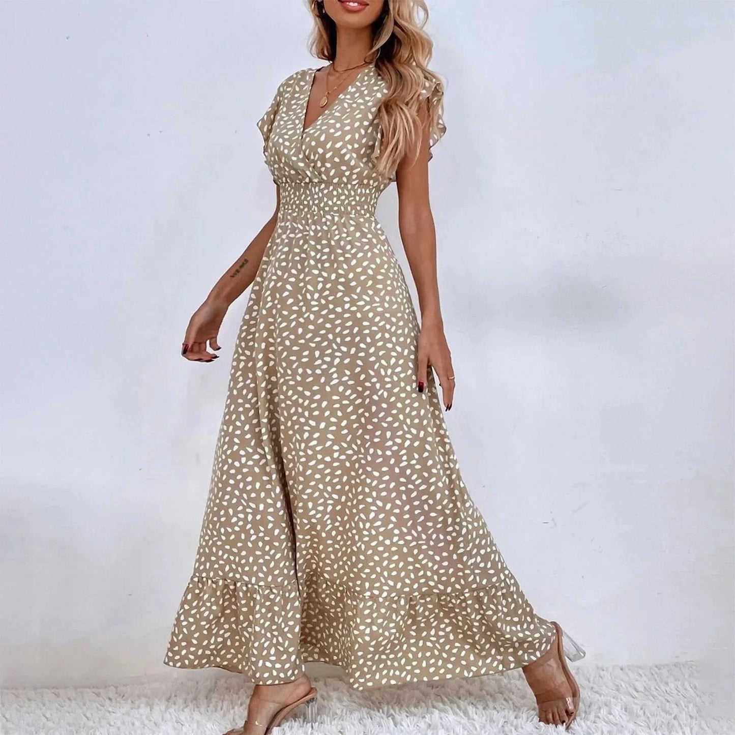 Polka Dot Dress For Women Sexy V-Neck Long Dress Casual And Fashionable Ruffle Edge Short Sleeved High Waisted Dress - M & M Global
