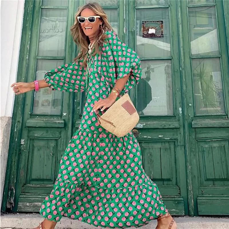 Summer Puff Sleeve Long Dress Women Geometric Print Half Sleeve Dress Boho V-Neck Loose Holiday Beach Dress Vestidos - M & M Global