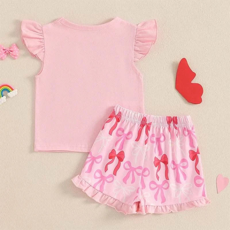 Cute Matching Baby Toddler Brother Outfit Bow Fly Sleeve Tops Elastic Waist Ruffle Shorts 2 Piece Summer Set for Siblings - M & M Global
