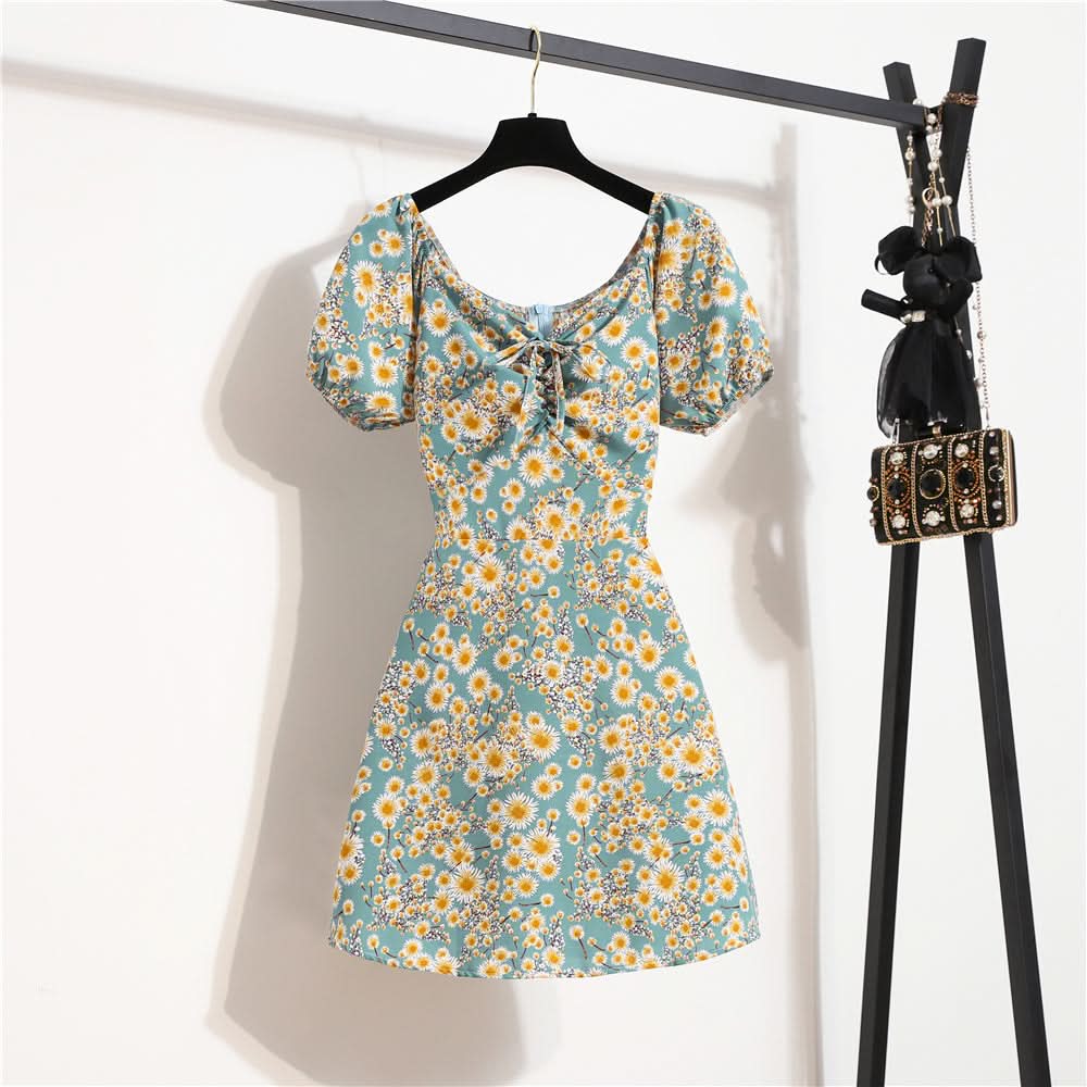 Women Mini Dresses Summer Fashion Female Vestidos Print Floral Chiffon Dresses Shirring Pleated Short Puffy Sleeve Casual Dress - M & M Global
