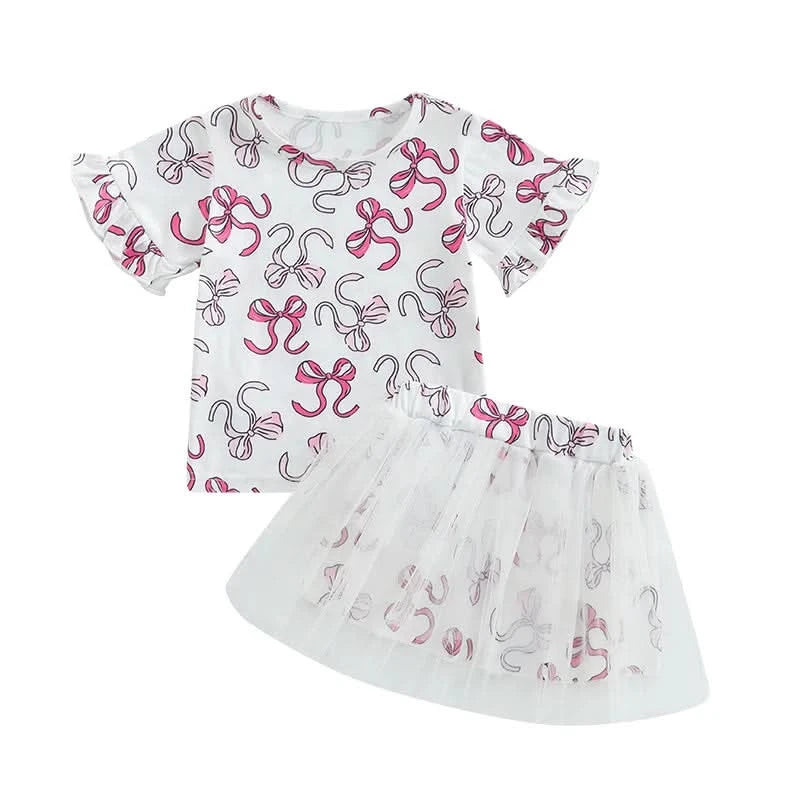 Infant Girls 2-Piece Summer Set with Short Sleeve Bow Print Top and Tulle Skirt - Adorable Baby Clothing for Warm Weather - M & M Global