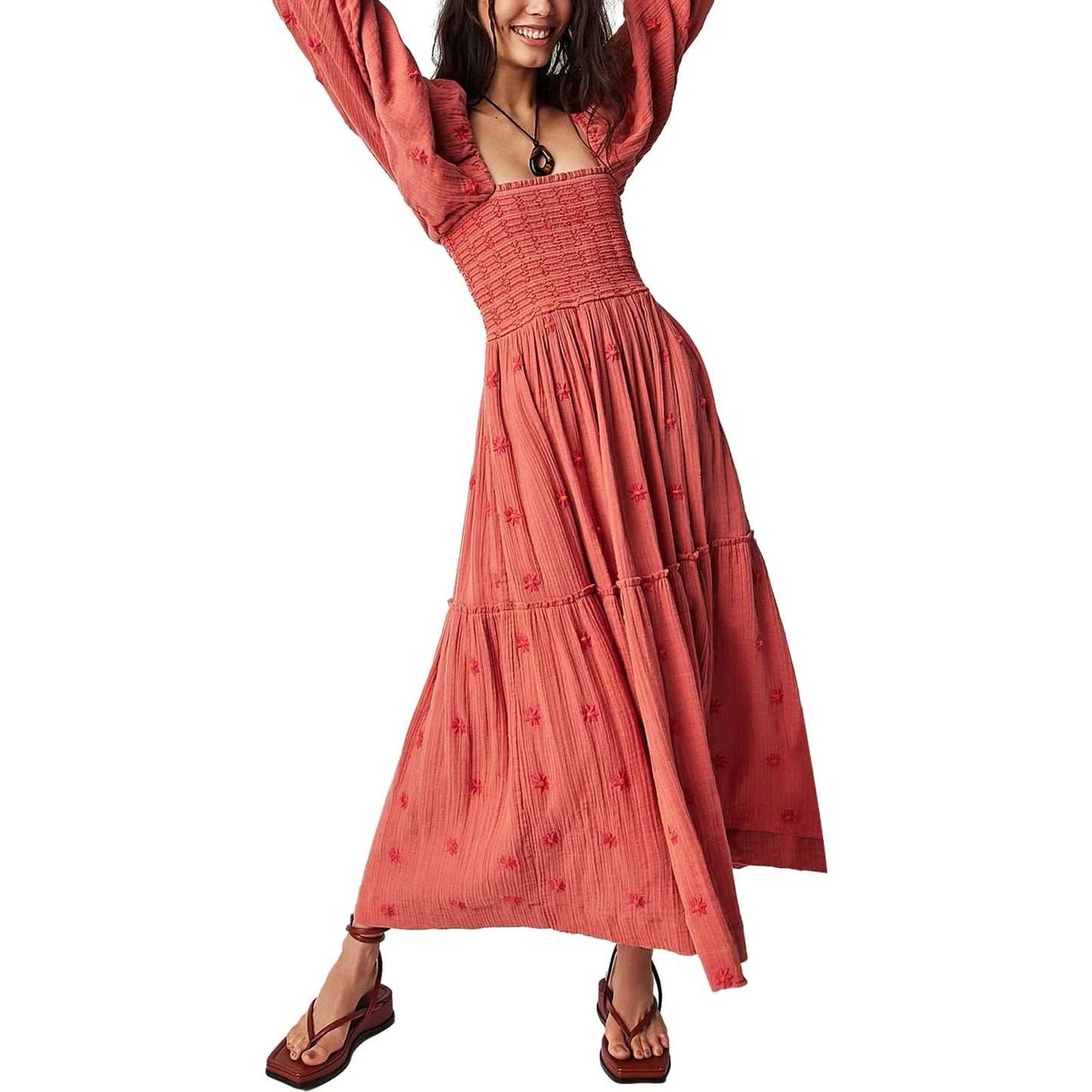 Women's Flower Embroidered Long Dress Bodycon Lantern Sleeve Square Neck Tiered Flowy Dress Bohemian Summer Beachwear Dresses - M & M Global