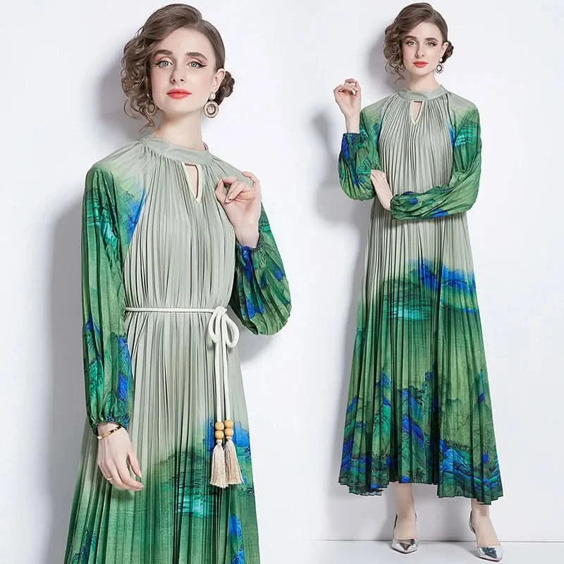 Spring Holiday Print Long Dress For Women Fashion Loose Lantern Sleeve Party Robe Female Big Swing Tassels Belt Pleated Clothes - M & M Global