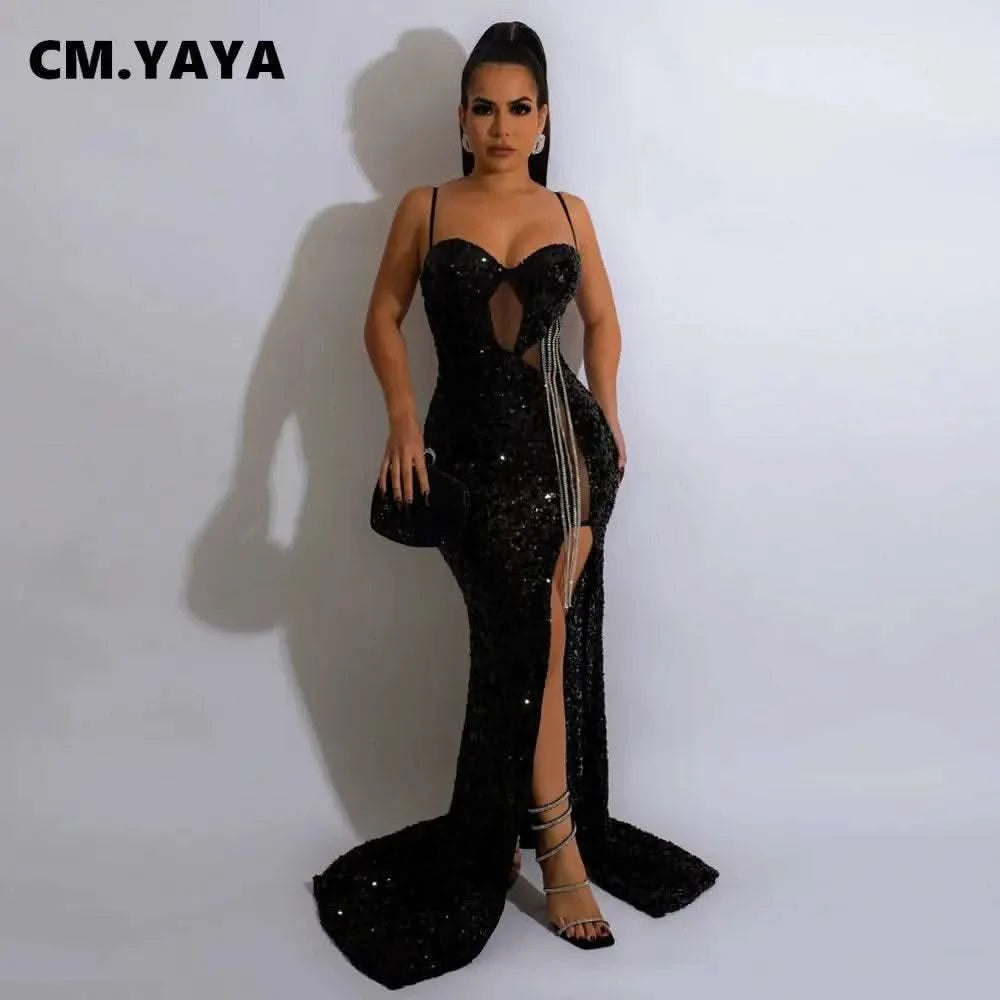 CM.YAYA Women Sequined Tassel Front Spaghetti Strap Sleeveless High Side Slit Maxi Long Dress 2023 Evening Sexy Party Dresses - M & M Global