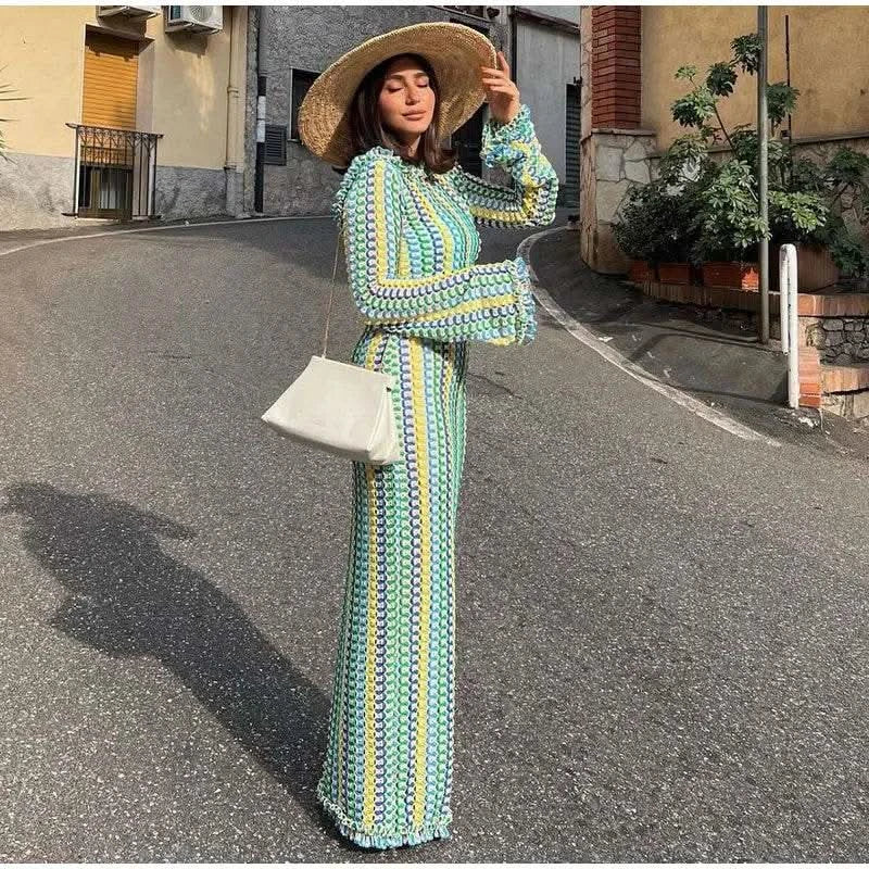 Contrast A-line Vestidos 2025 Female Party Club Vacation Robes Sexy Backless Women's Flare Sleeves Long Dress Fashion Elegant - M & M Global