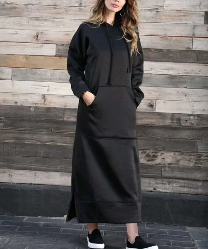 Autumn and Winter New Loose Size Knitted Hooded Long Dress Plush Casual Fashion Dress Large Pocket Skirt Women's Wear - M & M Global