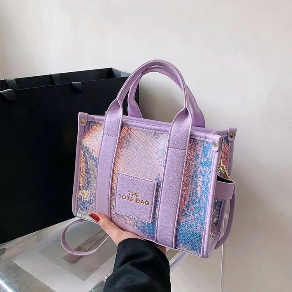 New The Tote Bag Letter Printed Sequins Top-Handle Bag Women Leather Handbag Luxury Designer Glitter Shoulder Crossbody Bag - M & M Global