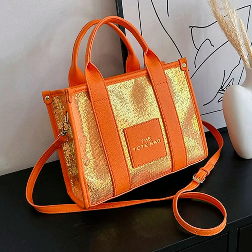 New The Tote Bag Letter Printed Sequins Top-Handle Bag Women Leather Handbag Luxury Designer Glitter Shoulder Crossbody Bag - M & M Global