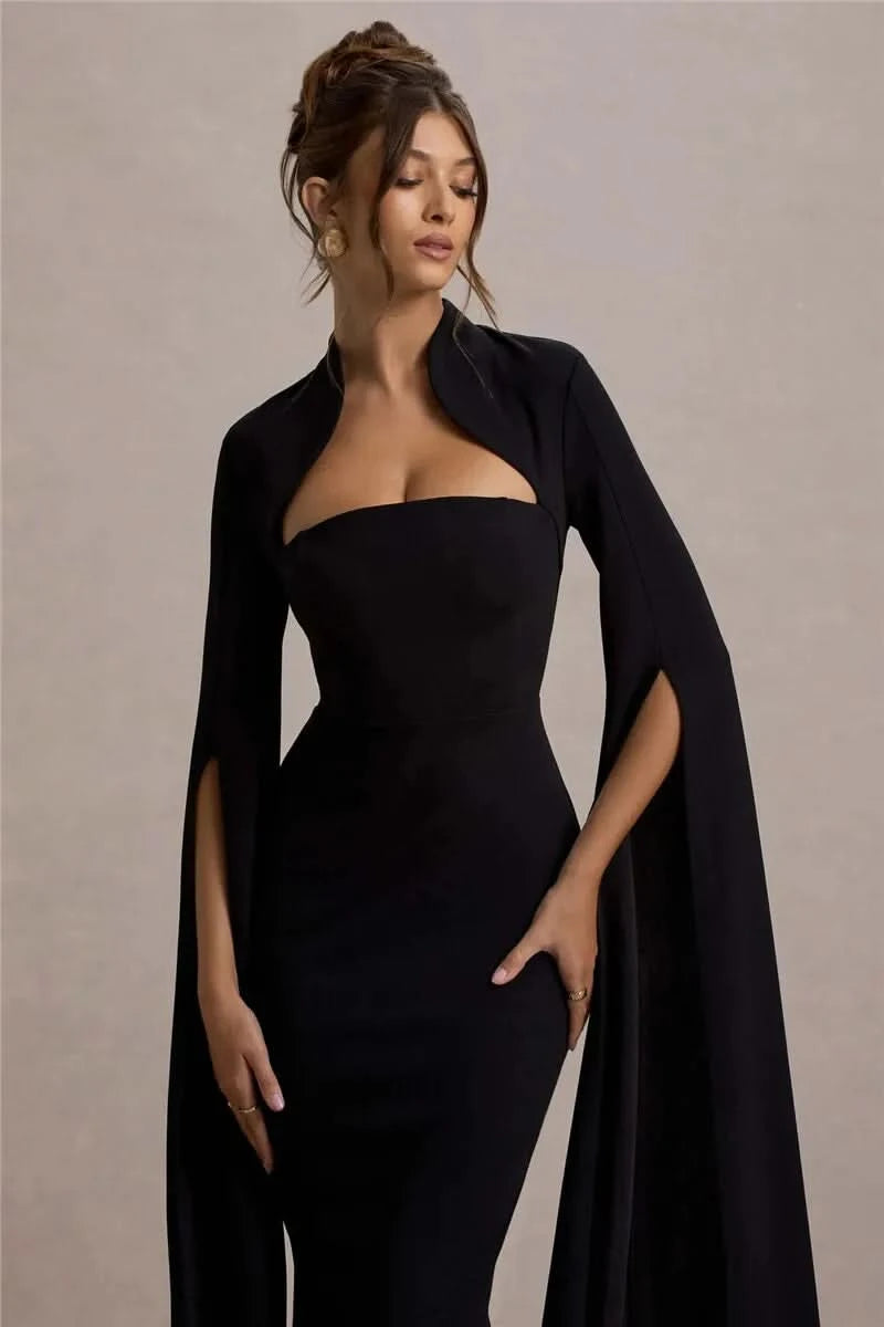 Mozision Cape Long Sleeve Sexy Midi Dress For Women Autumn Winter New Square Collar Back Slit Bodycon Club Party Long Dress - M & M Global