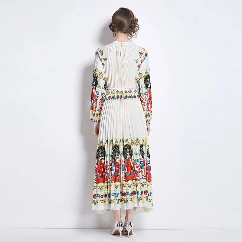 Spring Holiday Print Long Dress For Women Fashion Loose Lantern Sleeve Party Robe Female Big Swing Tassels Belt Pleated Clothes - M & M Global