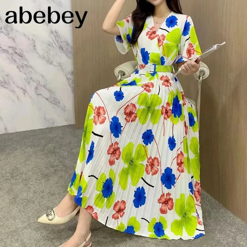 Women Dress Fashion Vintage Ins Bandage Slim Waist A-line Long Dress Vacation Beach Summer Outfits Lady Robe Femme - M & M Global