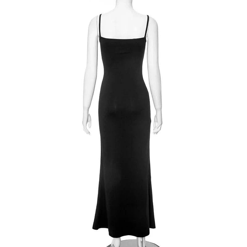 CUTENOVA Elegant Spaghetti Straps Print Long Dress Solid Color Sleeveless Square Neck Wrap Party Dress Summer Backless Cami - M & M Global