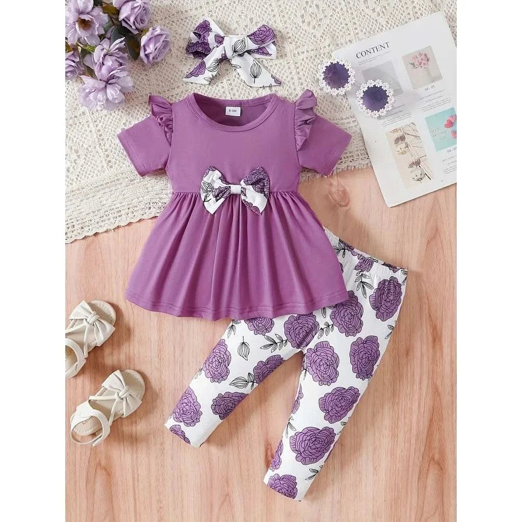 0-3 Years Baby Girl 3PCS Clothes Set Purple Short Sleeved Top+Floral Pants+Headband Fashion Toddler Girl Summer Daily Outfits - M & M Global
