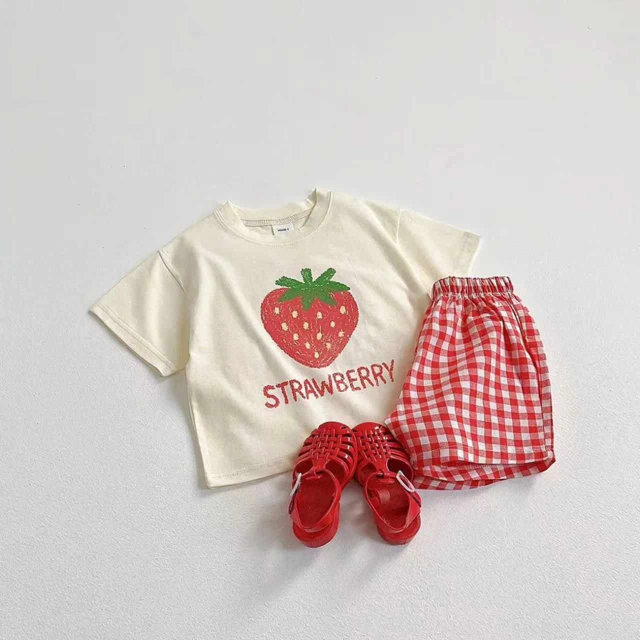 Fruit Tshirt Plaid Shorts 2Piece Set Boys And Girls Cute Tees Loose Shorts Kids New Simple Round Neck Tops+Shorts Kids Suit - M & M Global