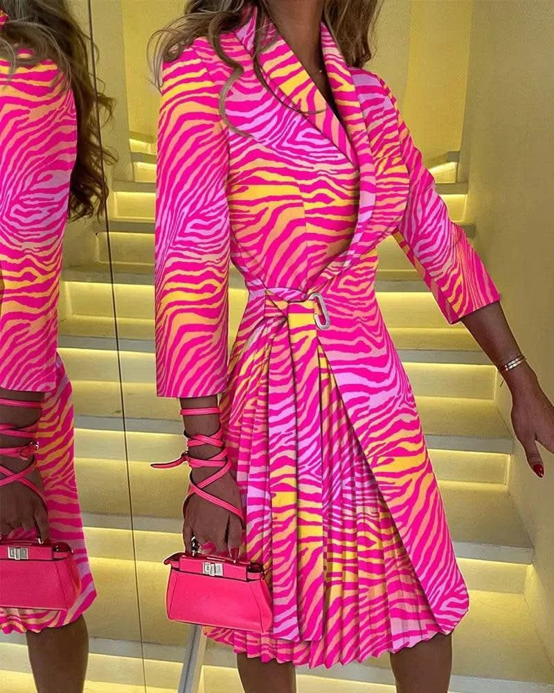 Dresses For Women 2023 Casual Long Sleeve Print Lapel Lace Up Mini Dress Blazer Elegant Office Ladies Vestidos Party Evening - M & M Global