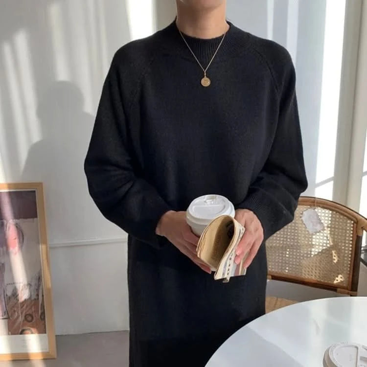 REALEFT Autumn Winter 2023 New O-Neck Casual Loose Knitted Dress Female Straight Long Sleeve Oversize Sweater Womens Long Dress - M & M Global