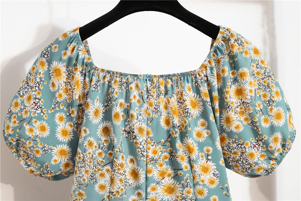 Women Mini Dresses Summer Fashion Female Vestidos Print Floral Chiffon Dresses Shirring Pleated Short Puffy Sleeve Casual Dress - M & M Global