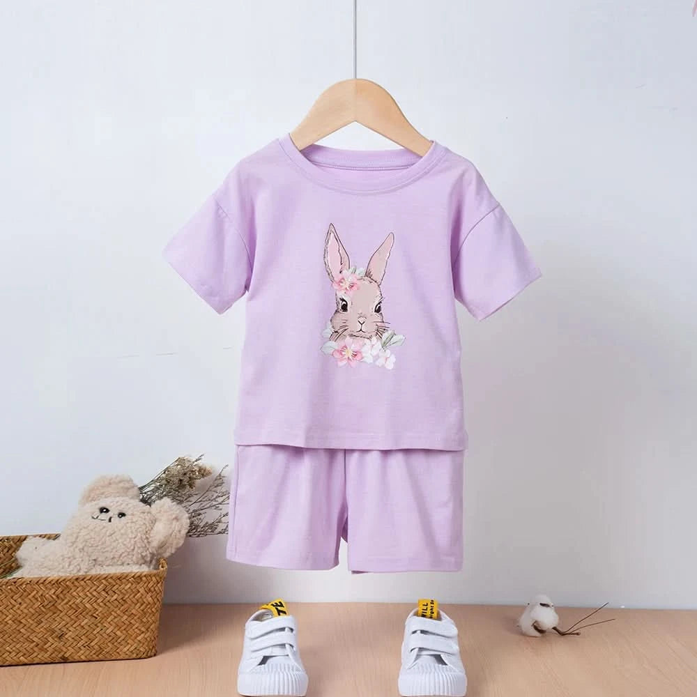 Hot Selling Children's Printed Summer Set Cute Rabbit Baby Boy And Girl Summer Clothing Children's Pure Cotton T-shirt Set - M & M Global