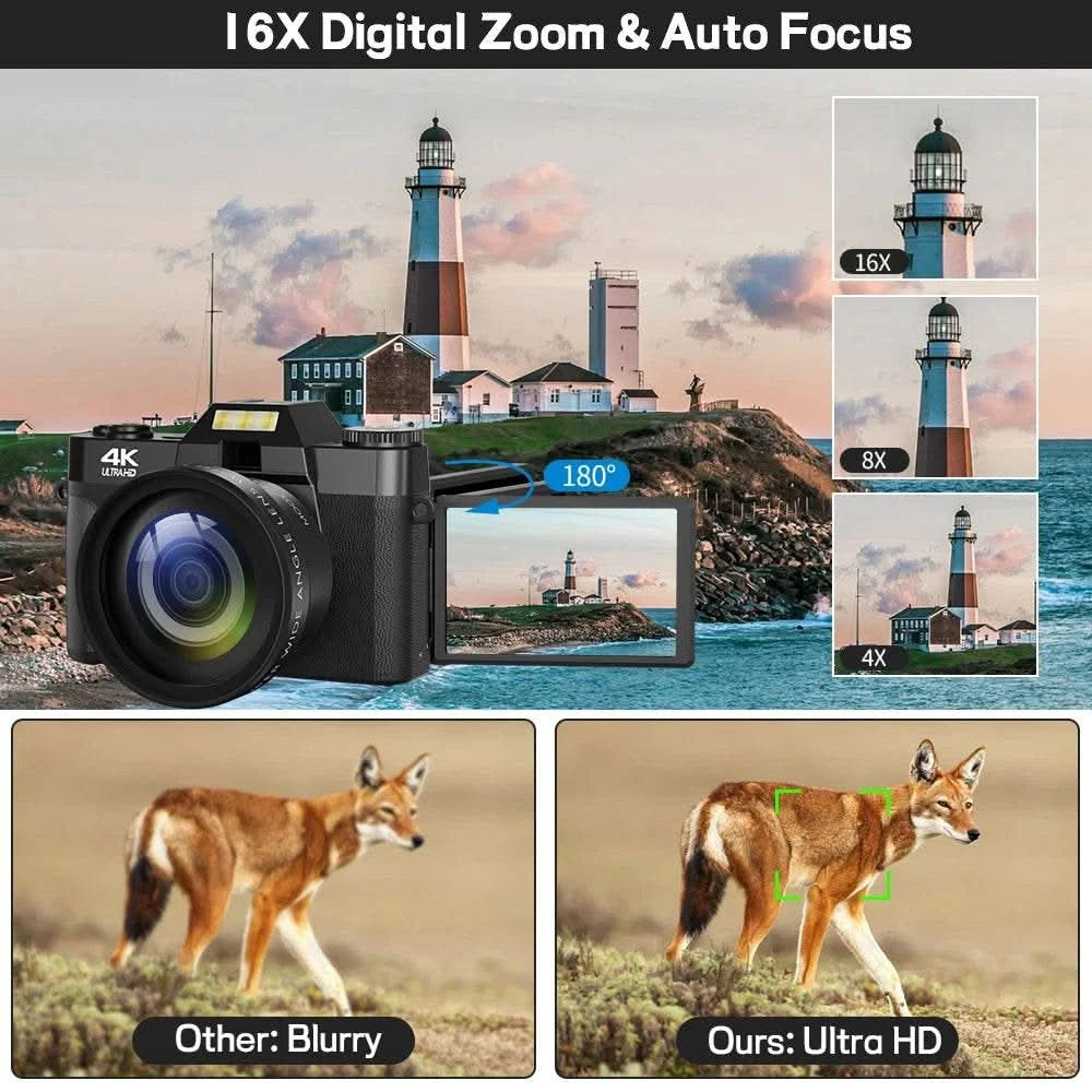 Compact Digital Photography Camera 4K WIFI Webcam Retro Vlog Recorder YouTube 64MP Camcorder 3 Inch Flip Screen Wide Angle Lens - M & M Global