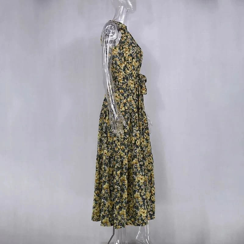 Summer Floral Print Halter Neck Dresses For Women Sleeveless Leace-up Long Dress Casual Beach Holiday Vestidos Female Clothing - M & M Global