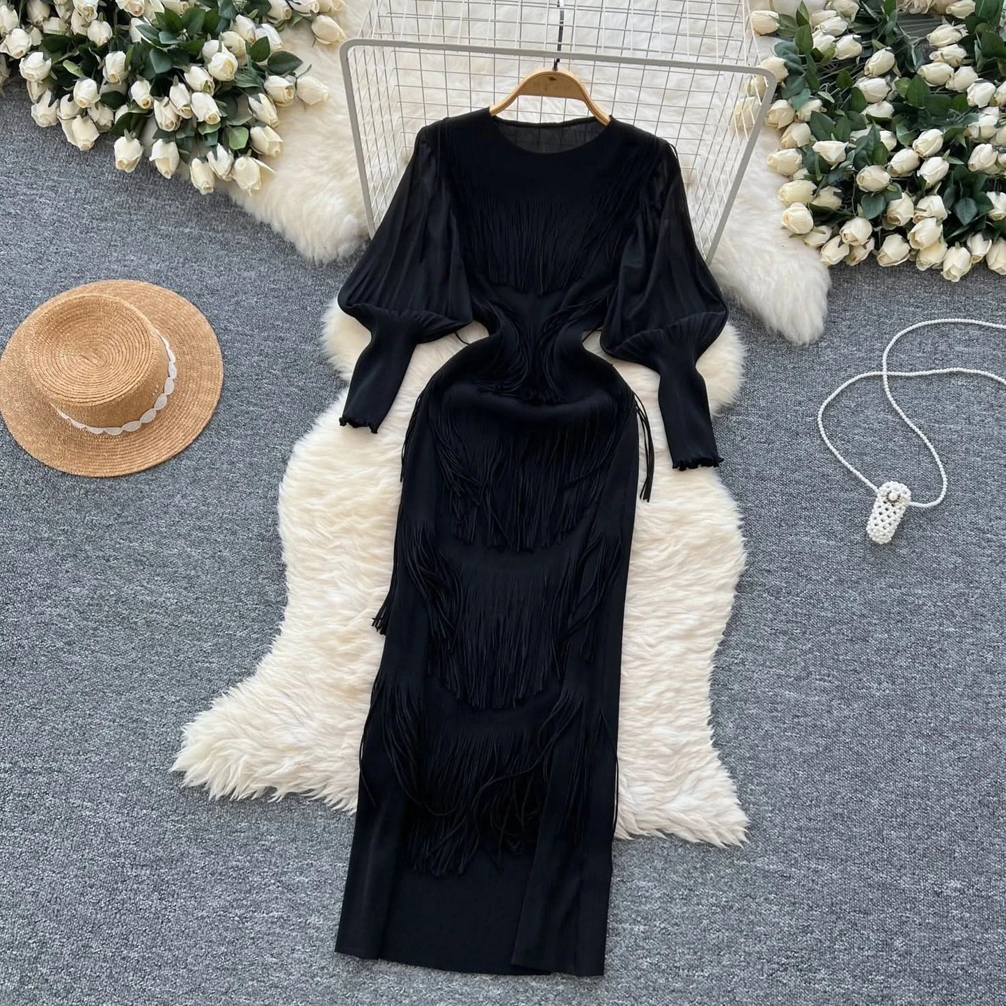 Vintage O-Neck Elegant Long Lantern Sleeve Chic Tassel Slim Long Dress French Fashion Evening High Street Autumn Winter Clothing - M & M Global