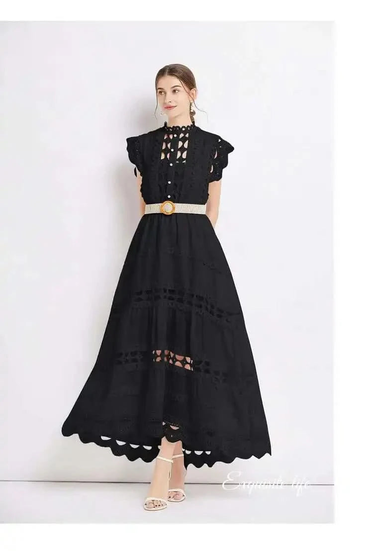 JAMERARY Designer New Summer Holiday White Embroidery Cotton Long Dress Women Sleeveless Midi Prom Evening Dresses Party Robe - M & M Global