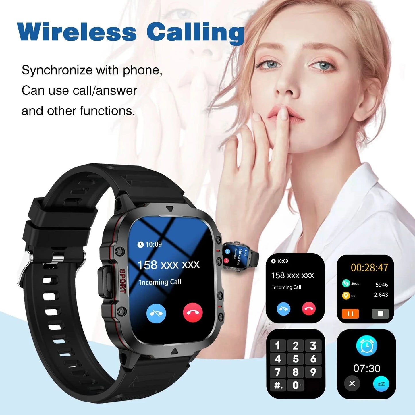 Smart watch, Bluetooth calling, message reminder, multi-sports mode, suitable for iPhone/Android phones