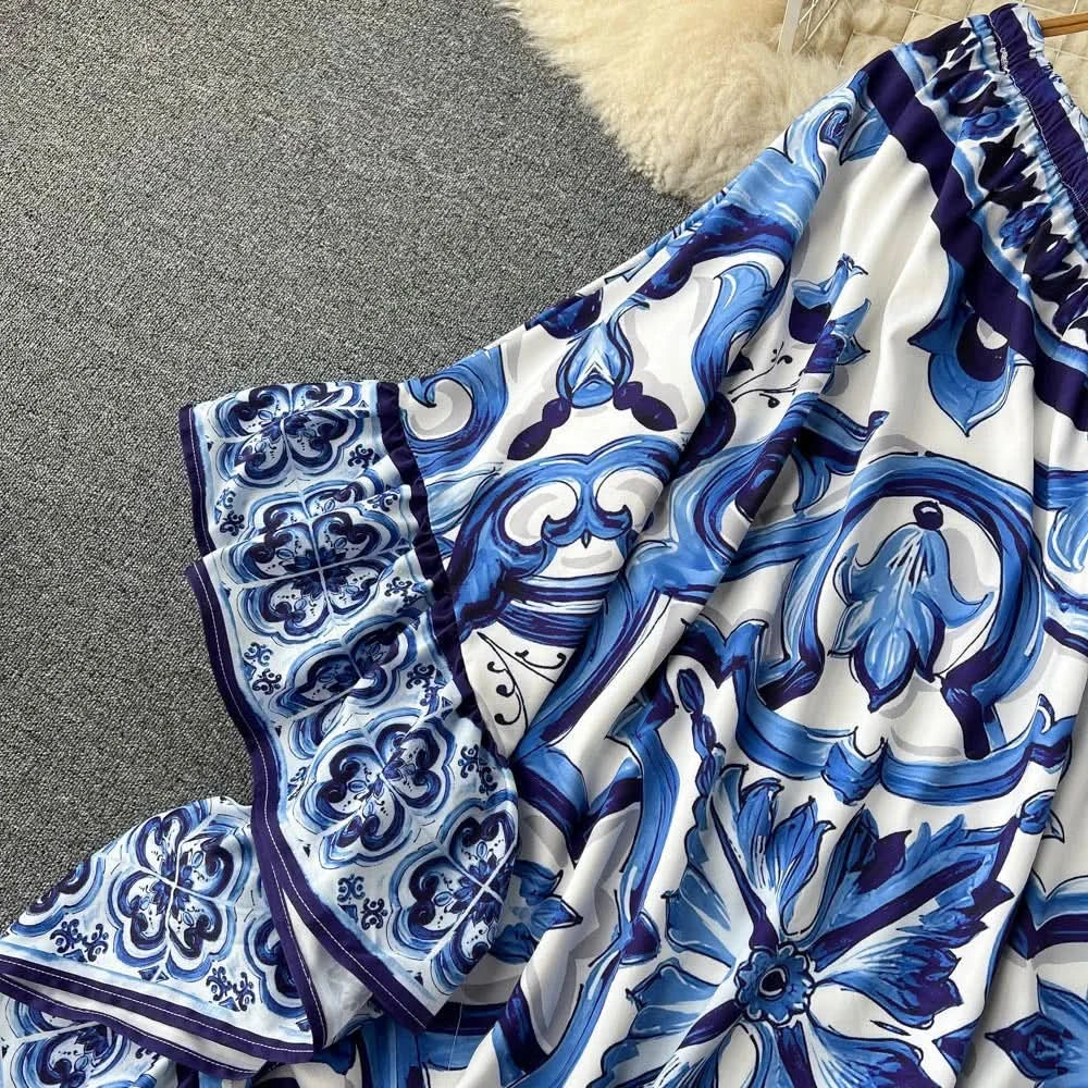 Summer Long Dress Women Runway Blue And White Porcelain Asymmetry Sexy Off The Shoulder Ruffles Hem Loose Robe Maxi Vestidos - M & M Global