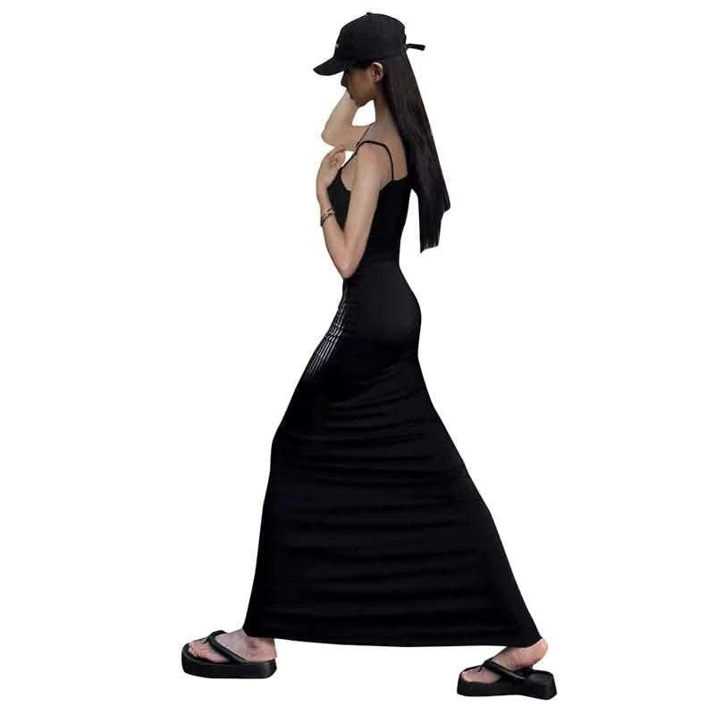 CUTENOVA Elegant Spaghetti Straps Print Long Dress Solid Color Sleeveless Square Neck Wrap Party Dress Summer Backless Cami - M & M Global