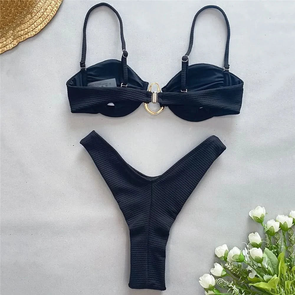 Sexy Black Push Up Bikini 2025 Women Swimwear Wrinkled Underwired Swimsuit High Cut Bathing Suit Metal Ring Bikinis Sets Biquini - M & M Global