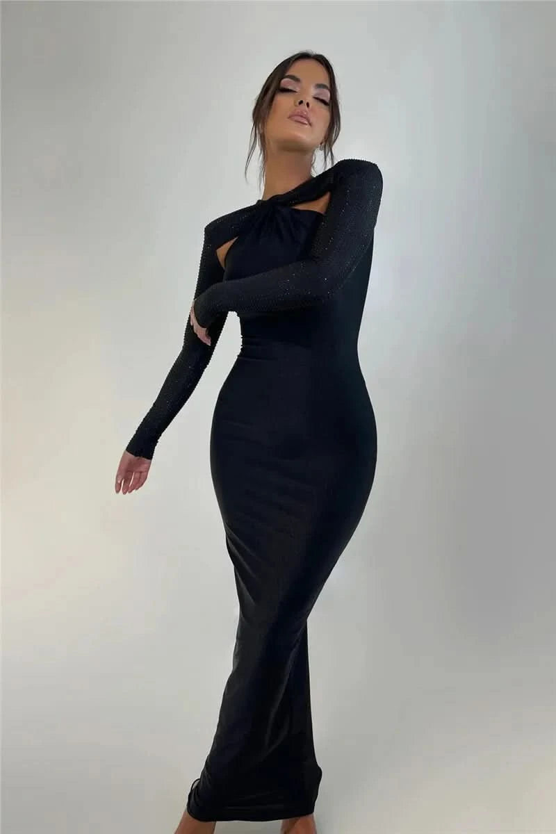 Mozision Hollow Out Sparkle Long Sleeve Maxi Dress For Women Glitter Vestidos Robe New Bodycon Shiny Night Club Party Long Dress - M & M Global
