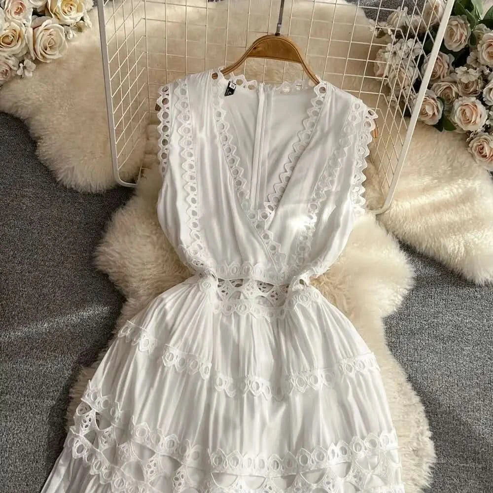 JAMERARY Designer New Summer Holiday White Embroidery Cotton Long Dress Women Sleeveless Midi Prom Evening Dresses Party Robe - M & M Global